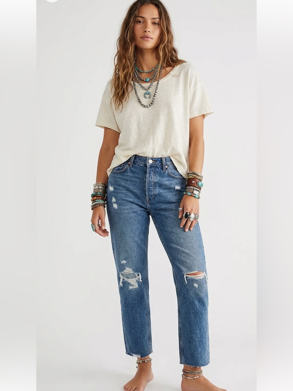 Free People We The Free CRVY High Rise Straight Leg Distressed Raw Hem Jeans